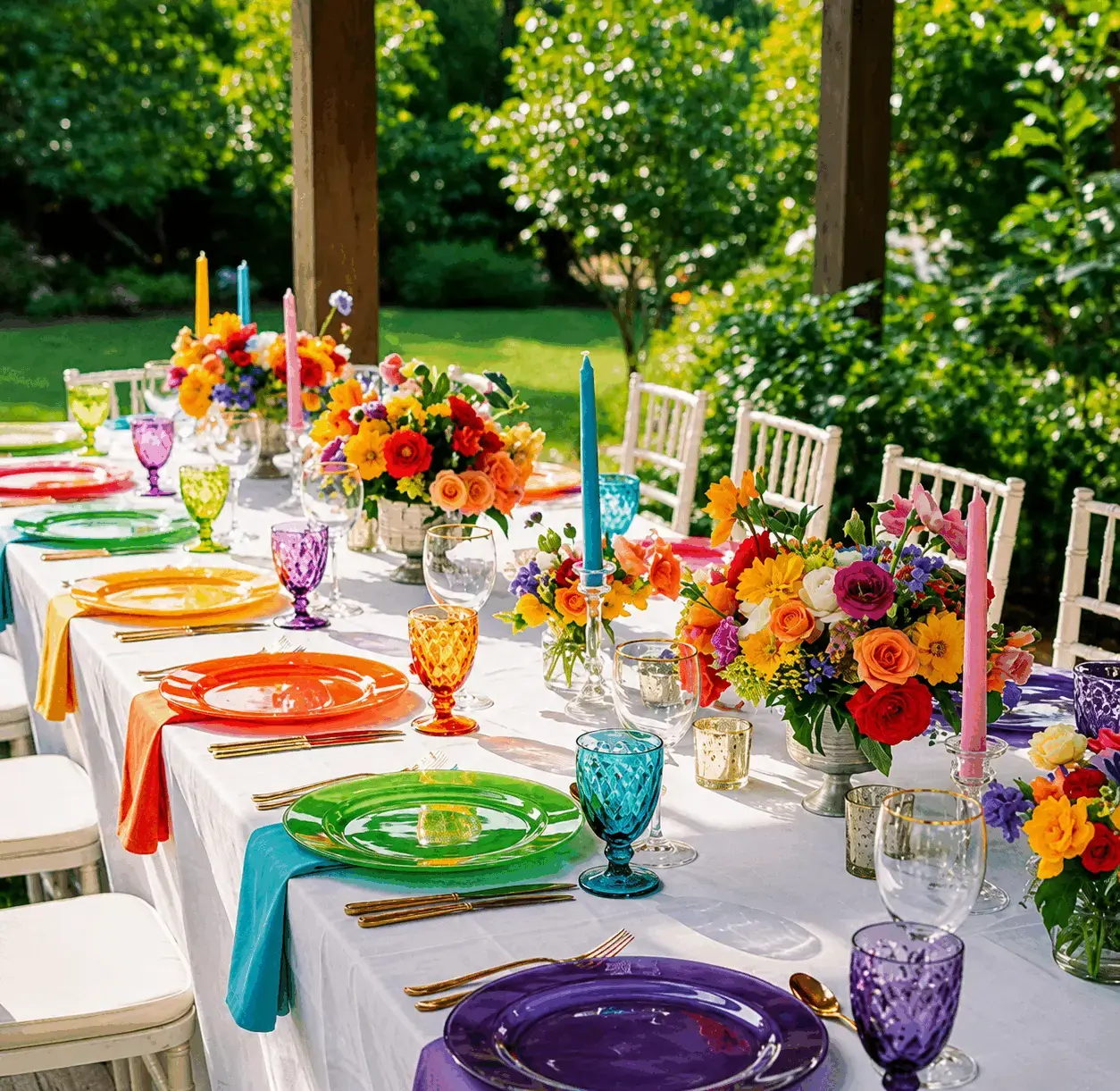 Rep Your Color Party inspiration — rainbow color-coded tablescape with bright chargers and florals