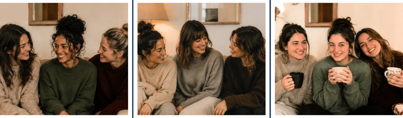 Cozy gathering — friends laughing together wrapped in sweaters with warm drinks