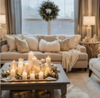 Cozy living room inspiration — soft blankets, candles, and warm lighting