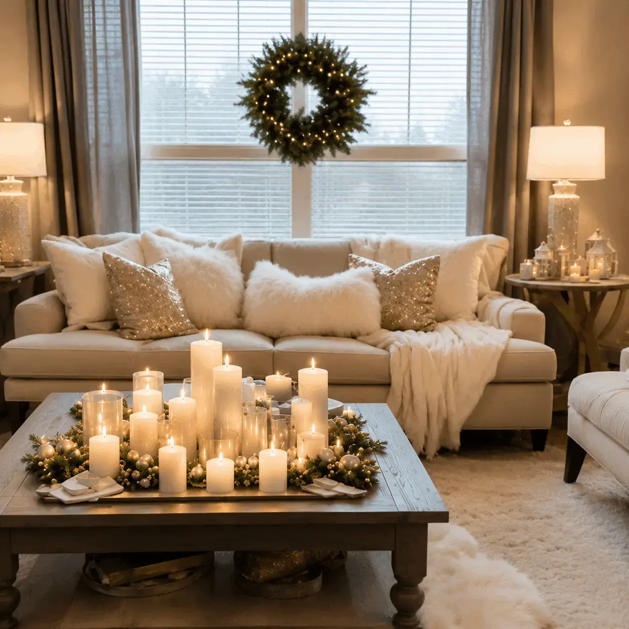 Cozy living room inspiration — soft blankets, candles, and warm lighting