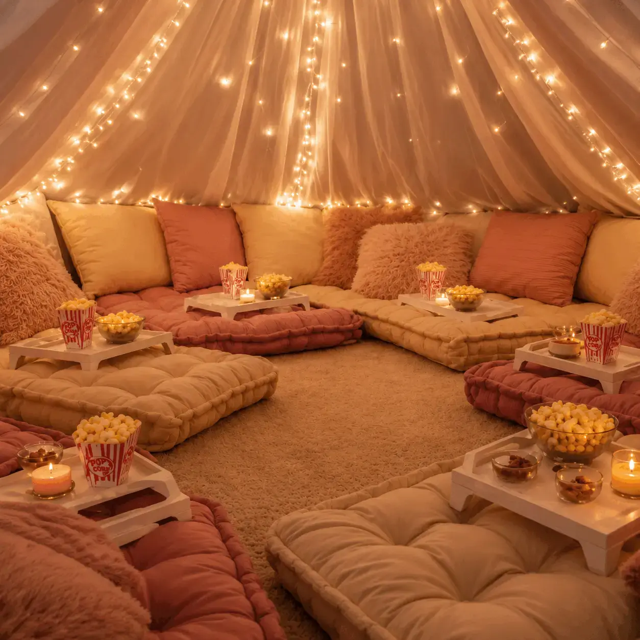 Floor pillow setup with fairy lights and warm glow for an intimate gathering
