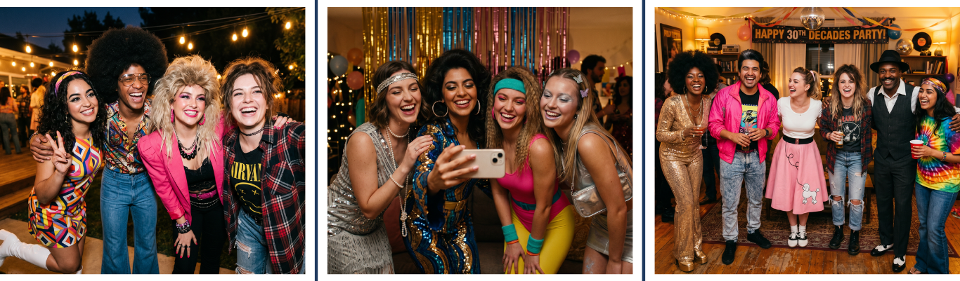 Decades party — friends in retro costumes from 70s, 80s, and 90s