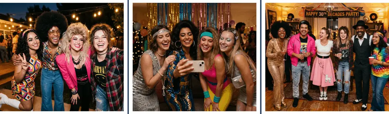 Decades party — friends in retro costumes from 70s, 80s, and 90s