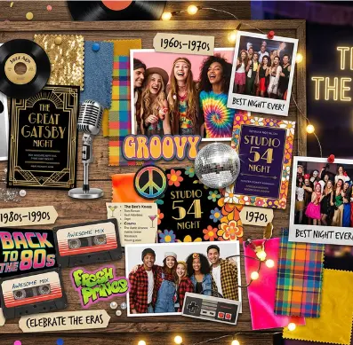 Decades party inspiration — retro mood board with 60s 70s 80s decor