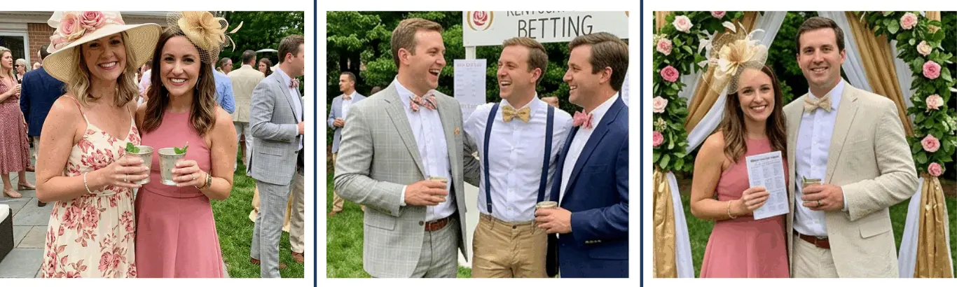 Kentucky Derby party — guests in big hats, mint juleps, elegant Southern style