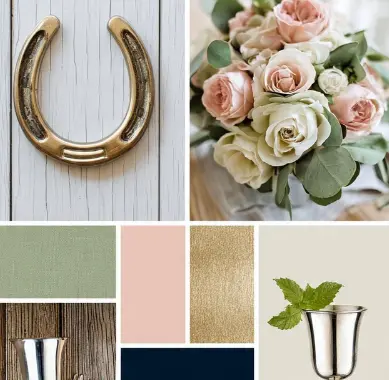 Kentucky Derby mood board — gold horseshoe, blush roses, sage and navy color palette