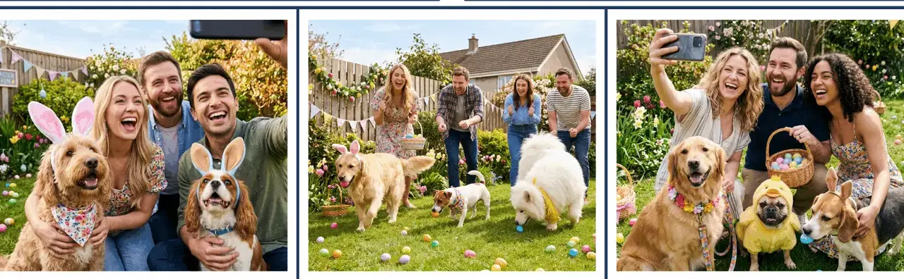 Doggy Easter Egg Hunt — dogs with Easter baskets, bunny ears, and colorful eggs