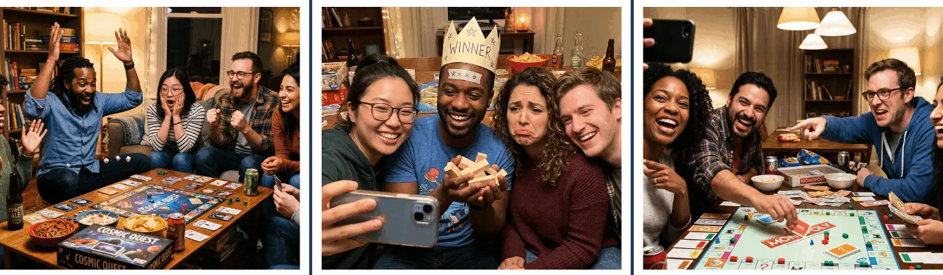 Game Night Party — friends laughing and competing at board games