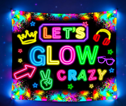 Let's Glow Crazy neon tapestry backdrop banner