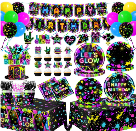 Neon glow party tableware set plates napkins banner