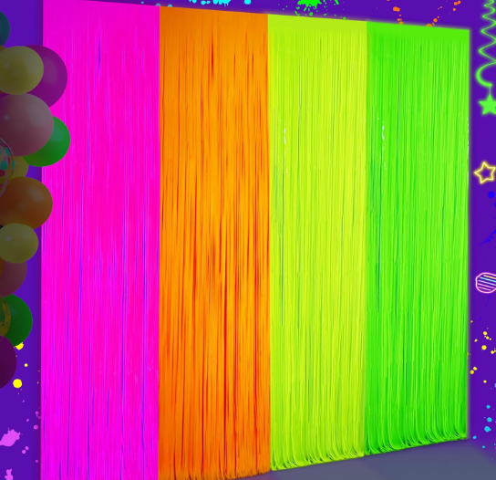 Neon tinsel fringe curtains UV reactive fluorescent macaron backdrop