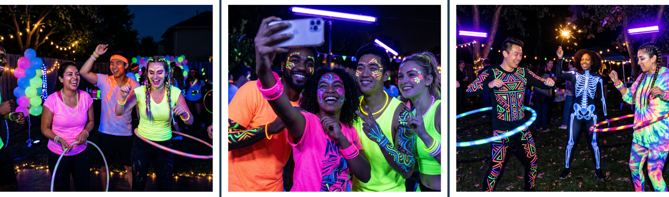 Glow in the Dark Party — neon face paint, black lights, glow sticks, and neon decorations