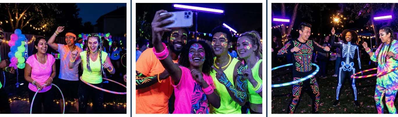 Glow in the Dark Party — neon face paint, black lights, glow sticks, and neon decorations