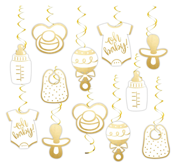 Gold Oh Baby Swirl Hanging Decorations Baby Shower 12pcs