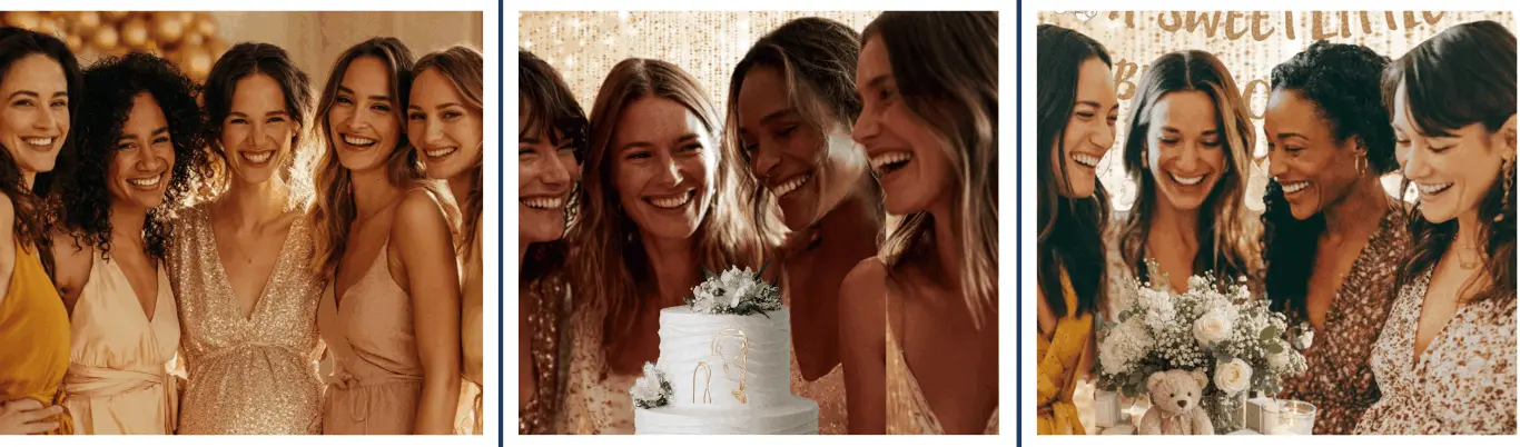 Classic Gold & White Baby Shower celebrations — guests glowing in gold and white decor