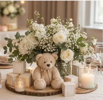 Classic Gold & White Baby Shower inspiration — gold balloon arch with white cake display