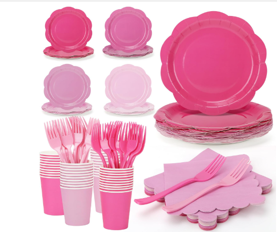 Pink gradient paper plates napkins cups and forks party tableware set serves 48
