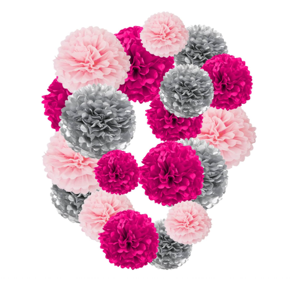 Rose red pink and silver tissue paper pom poms hanging party decorations 12-pack