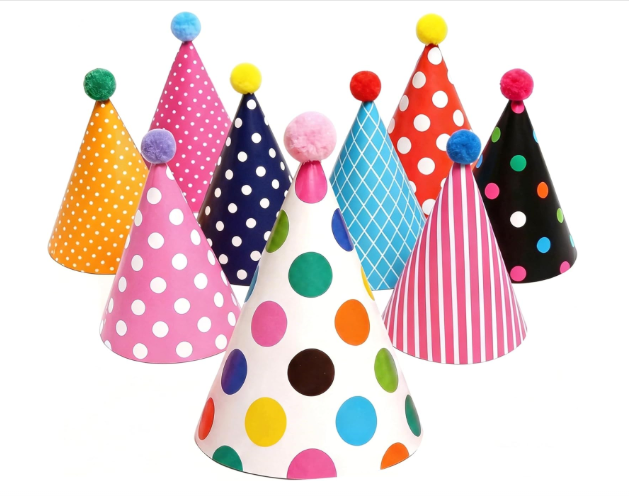 Assorted colorful pom pom birthday party cone hats DIY assembly