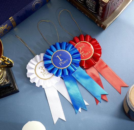 Satin award ribbon rosette set 1st 2nd 3rd place medals blue red white 3-piece
