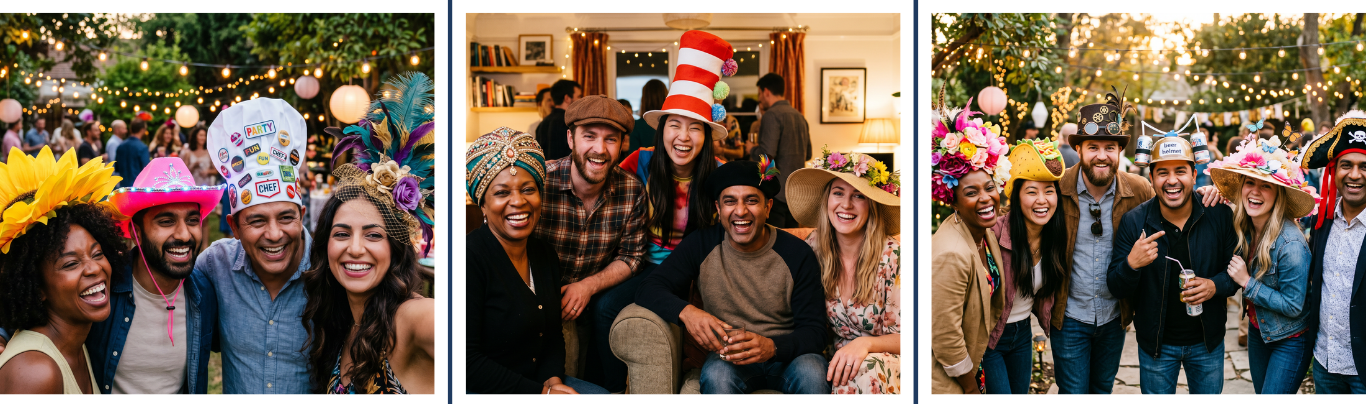 Fun Hat Party — guests in outrageous creative hats celebrating together