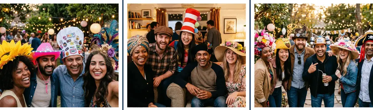 Fun Hat Party — guests in outrageous creative hats celebrating together