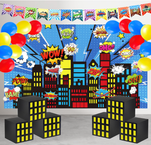 Superhero party backdrop and city skyline boxes