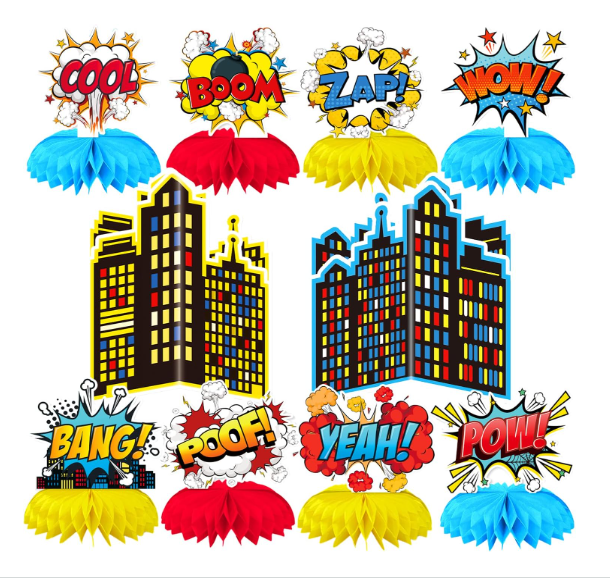 Superhero honeycomb centerpieces 3D table toppers COOL BOOM ZAP WOW