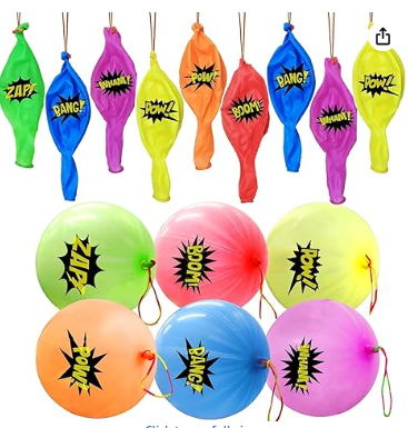 Comic hero punch balloons 30-pack assorted neon colors ZAP BOOM DANG