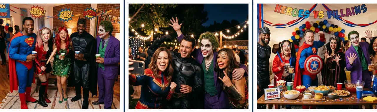 Heroes vs. Villains Party — comic book decor, balloon arches, superhero costumes and tableware