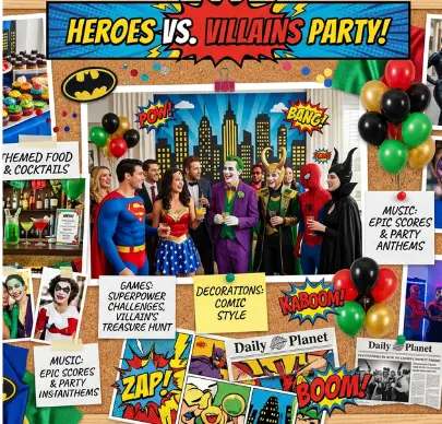 Heroes vs. Villains inspiration — comic book style party board with themed food, games, and music ideas