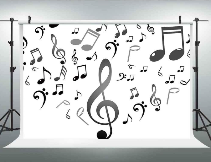 Music party hanging paper lanterns honeycomb balls and fans black and white music notes