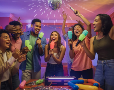 Karaoke party inspiration — group of friends dancing and singing with colorful microphones under disco lights