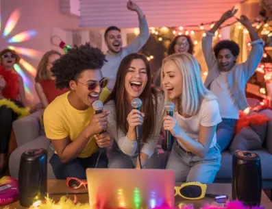 Karaoke party inspiration — three women singing together with microphones at a home party with string lights