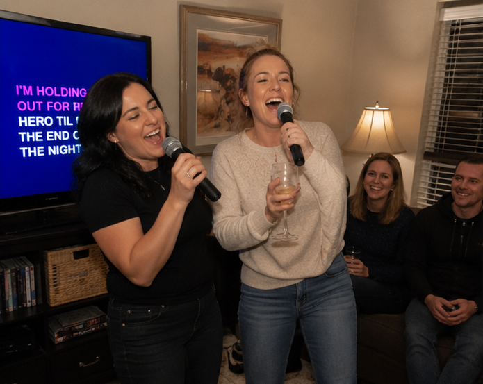 AI inspired karaoke party — two women belting into microphones with friends watching and a karaoke TV screen