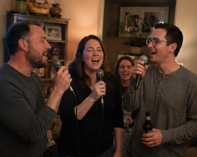 AI inspired karaoke party — trio of friends singing together with microphones at a cozy home party