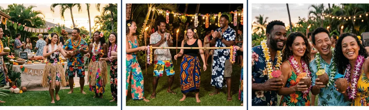 Tropical Luau Party — tiki décor, hibiscus flowers, grass skirts, flamingos, and island food spread
