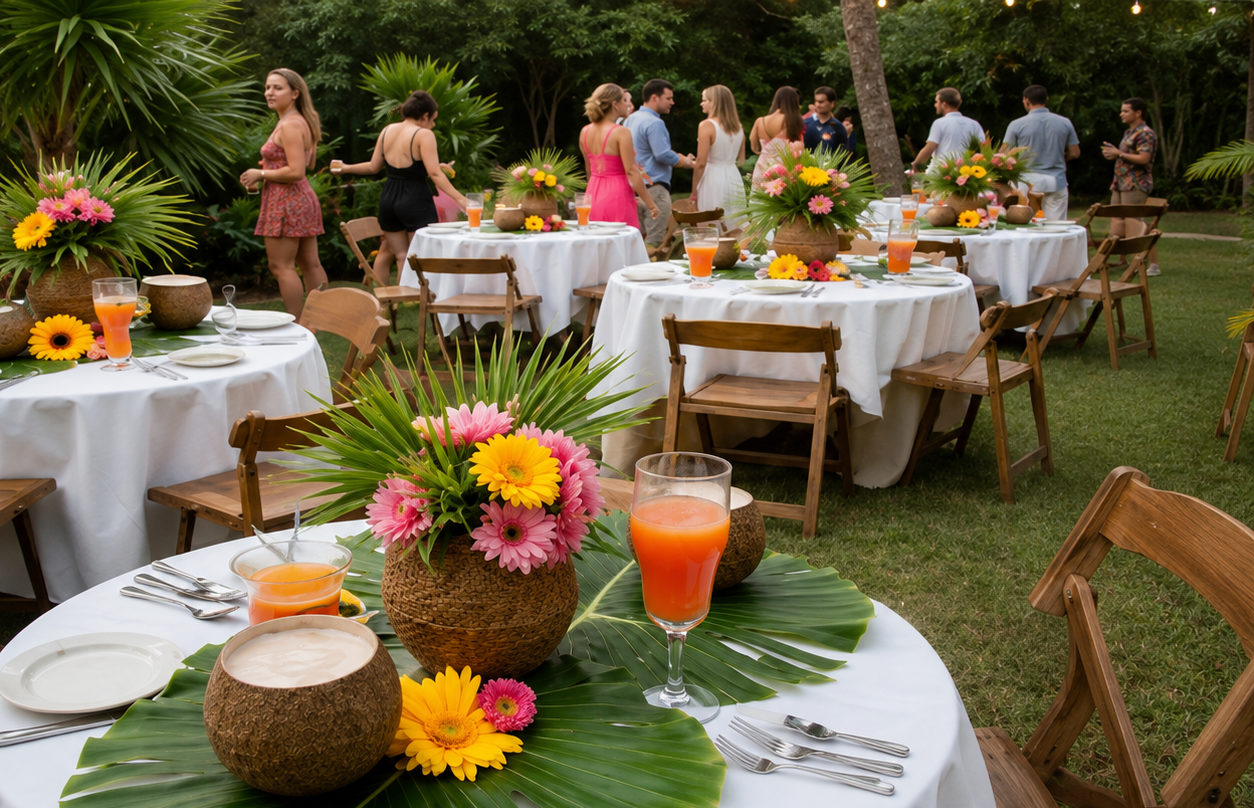 Luau party inspiration — pink hibiscus flower table runner with monstera leaves and candles on a wood farm table