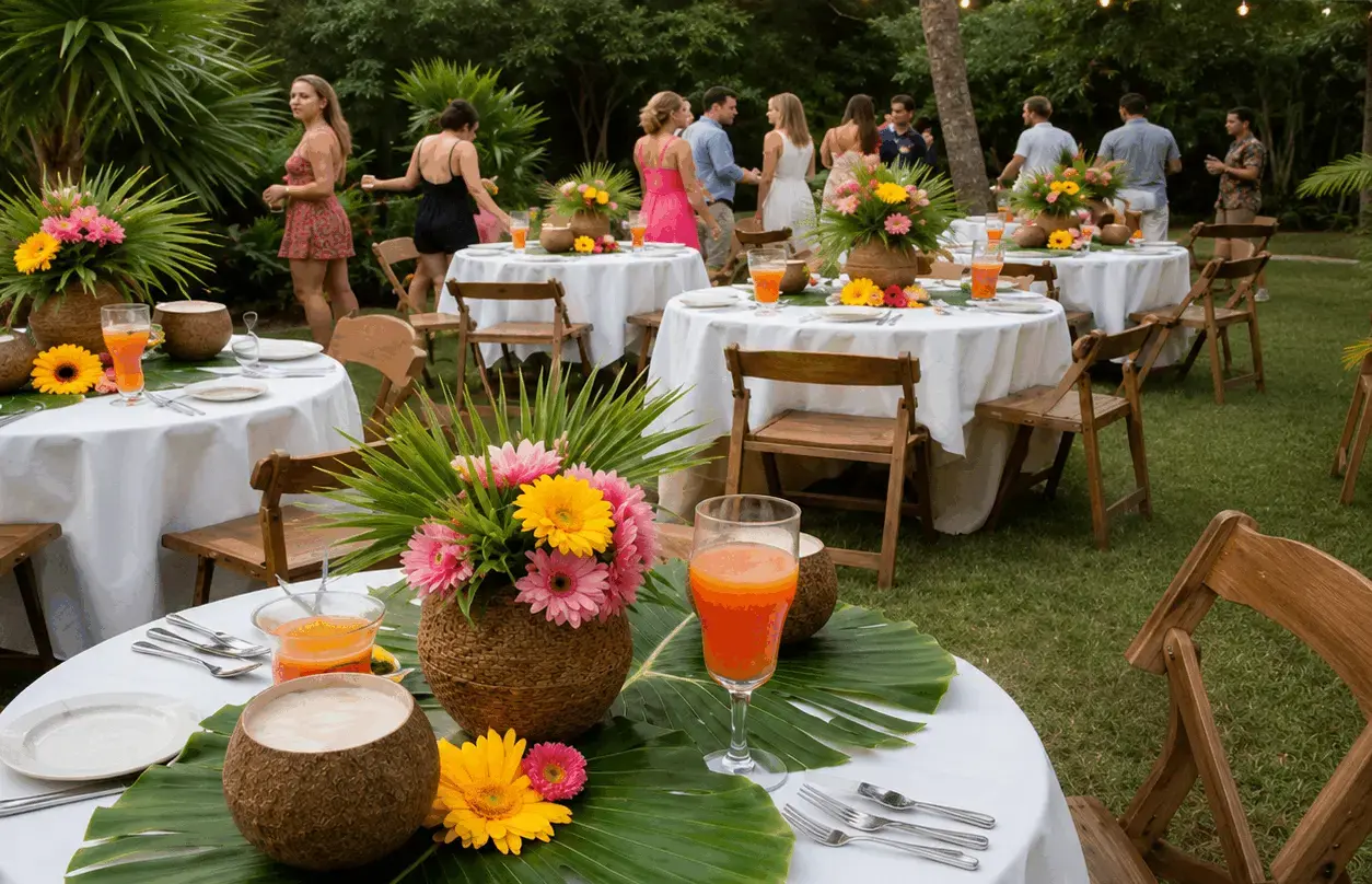Luau party inspiration — pink hibiscus flower table runner with monstera leaves and candles on a wood farm table