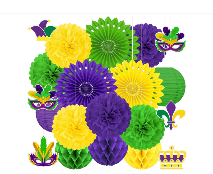 Mardi Gras paper fans pom poms honeycomb balls purple gold green party décor set