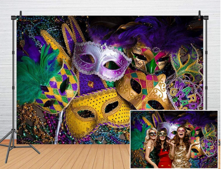 Mardi Gras masquerade mask photo booth backdrop purple gold green feather masks