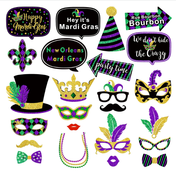 Mardi Gras photo booth props 25-piece masks crowns hats beads speech bubbles