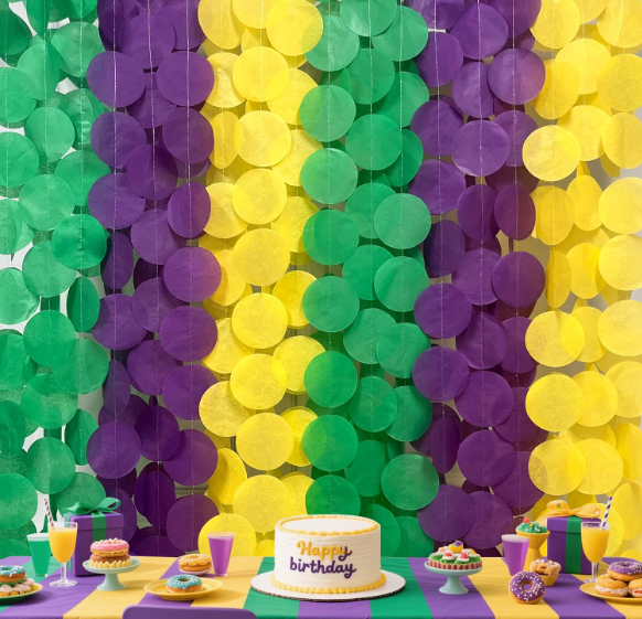 Mardi Gras purple gold green circle dot garland backdrop birthday party wall decoration