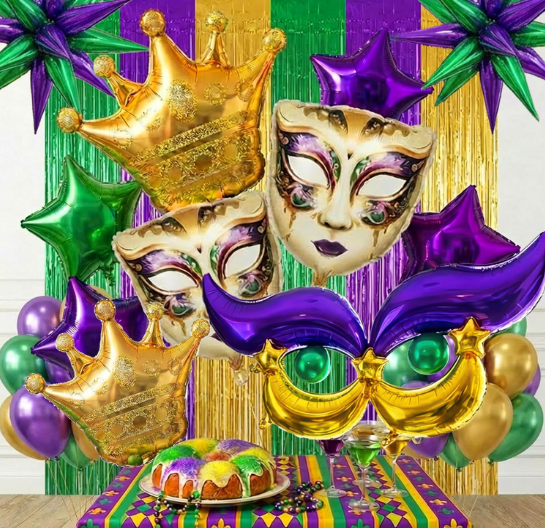 Mardi Gras foil balloon bundle crown mask star balloons purple gold green fringe curtain