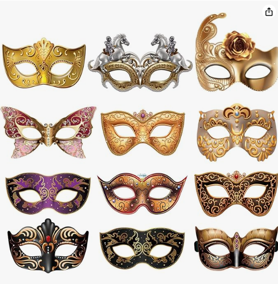 Masquerade masks decorative set 12-pack gold silver purple ornate Venetian style