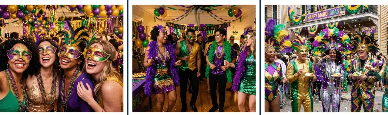 Mardi Gras Party — purple gold and green masks, beads, king cake, and festive New Orleans celebration