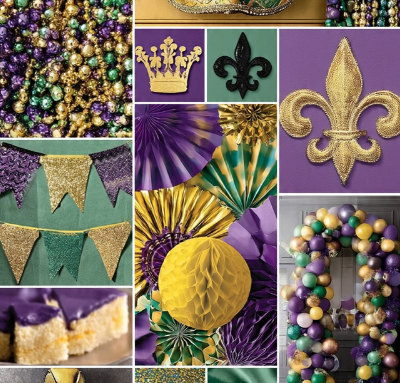 Mardi Gras inspiration — purple gold and green party mood board with fleur-de-lis, honeycomb balls, and balloon arch