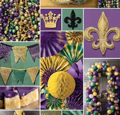 Mardi Gras inspiration — purple gold and green party mood board with fleur-de-lis, honeycomb balls, and balloon arch