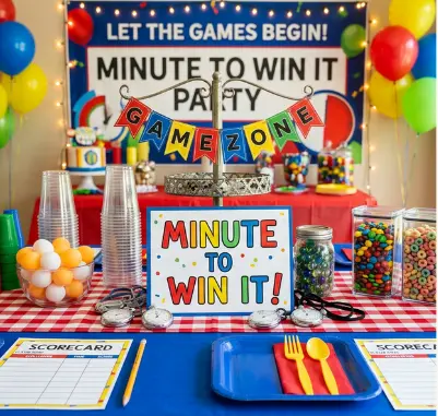 Minute to Win It inspiration — colorful game night party table setup with red cups and candy jars