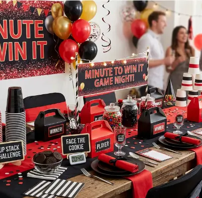 Minute to Win It inspiration — red and black themed game night party table with challenge station signs
